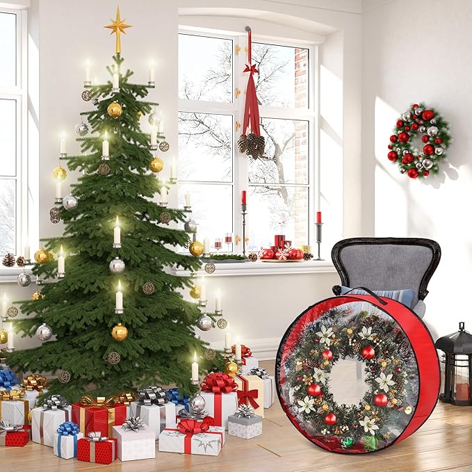 4 Pcs Christmas Wreath Storage Bag, Christmas Garland Storage Container with Clear Window, Zipper & Handle for Xmas Holiday Seasonal Wreath Garland Box(Red,24")