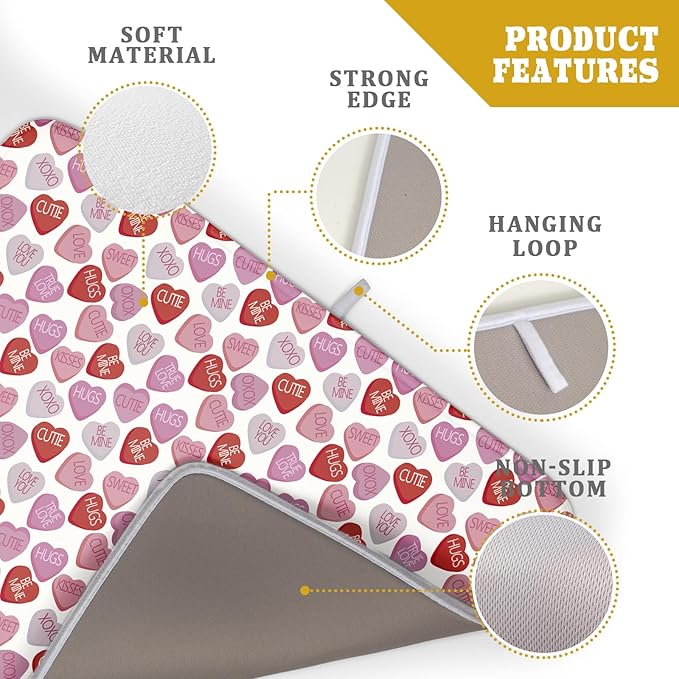 Valentine’s Day Dish Drying Mat for Kitchen Counter 24x18 Inch Pink Love Drying Mat with Absorbent Reversible Microfiber Holiday Dish Drainer Mats Rack Pad for Coffee Countertop Protector
