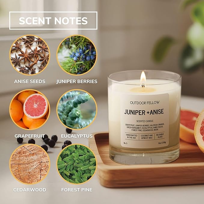 Outdoor Fellow Juniper + Anise Scented Candle, 8oz, Coconut & Apricot Wax Blend, Juniper Berry, Zesty Grapefruit, Citrus Peel, Reusable Glass, 40-50 Hour Burn Time
