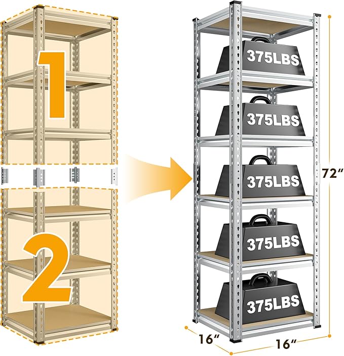 REIBII Storage Shelves 6 Tier Garage Shelving Heavy Duty Metal Shelving Loads 2250LBS Adjustable Garage Shelves for Pantry Closet Kitchen Basement 16" W x 16" D x 72" H, Silver
