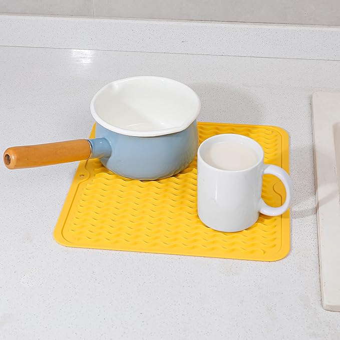MicoYang Silicone Dish Drying Mat for Multiple Usage,Easy clean,Eco-friendly,Heat-resistant Silicone Mat for Kitchen Counter or Sink,Refrigerator or Drawer liner Yellow M 12 inches x 12 inches