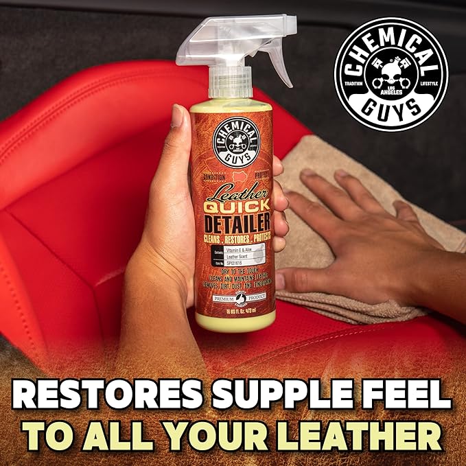 Chemical Guys Leather Quick Detailer - Interior Cleaner and Conditioner for Natural, Synthetic, Pleather, and More, Safe for Car Seats, Furniture, Apparel, Shoes & Boots, Leather Scented - 16 fl oz