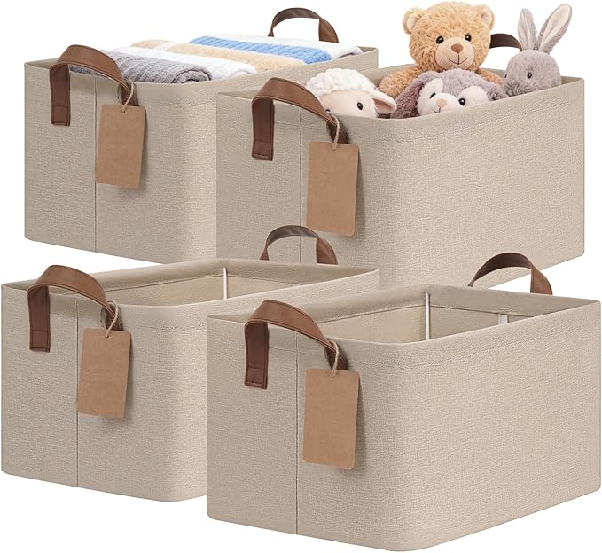 CHICVITA 4 Pack Storage Baskets for Shelves, Foldable Closet Organizer Bins with Handles, Toy Storage Basket for Nursery Living Room, 14.8" x 10.3" x 8.3", Brown