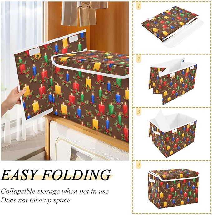 Christmas Candles Holly Berries Storage Bins with Lids Foldable Storage Basket with Handles Collapsible Large Fabric Organizer Containers for Clothes Shelves Closet Office Home