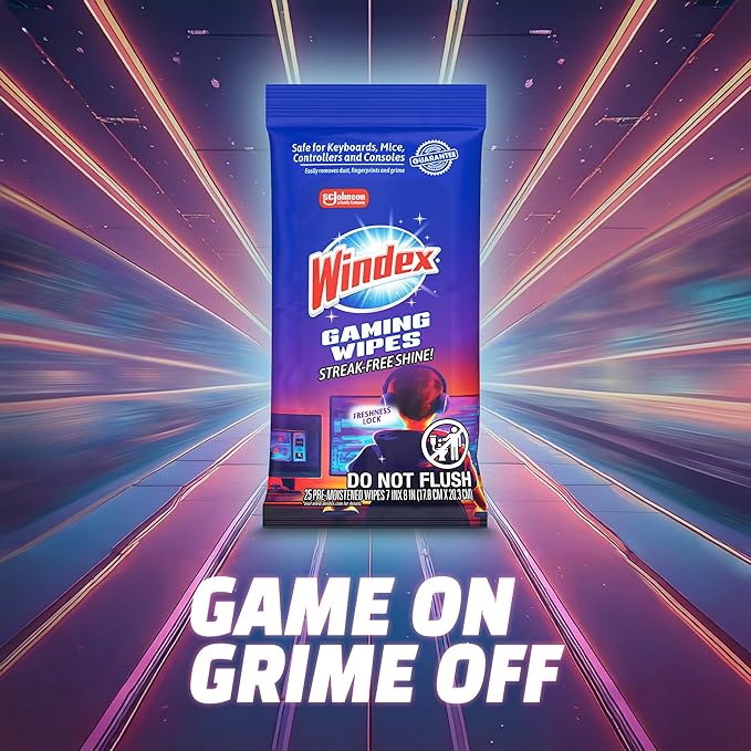Windex Gaming Cleaning Wipes, Pre-Moistened Wipes to Instantly Clean all Gaming Gear and Electronics, Resealable Packaging for a Freshness Lock, 25 count (Pack of 2)