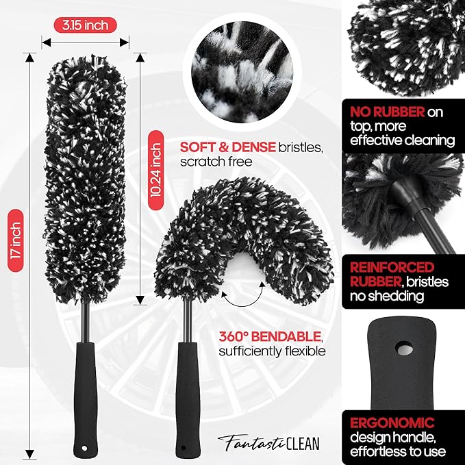 Fantasticlean 7PCS Car Wheel Brush Kit, Tire Brush, Soft-bristled Rim Brush, Chenille Rim Cleaning Tape, Microfiber Bendable Brush, Curved Detailing Brush with Elbow Connector, Detailing Pads