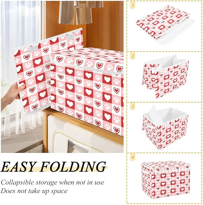 Bolaz Red Checkboard Dog Footprint Hearts Pattern Storage Bins with Lids and Handles, Foldable Storage Box Storage Basket with Cover Collapsible Organizer Containers for Home Closet, Shelves