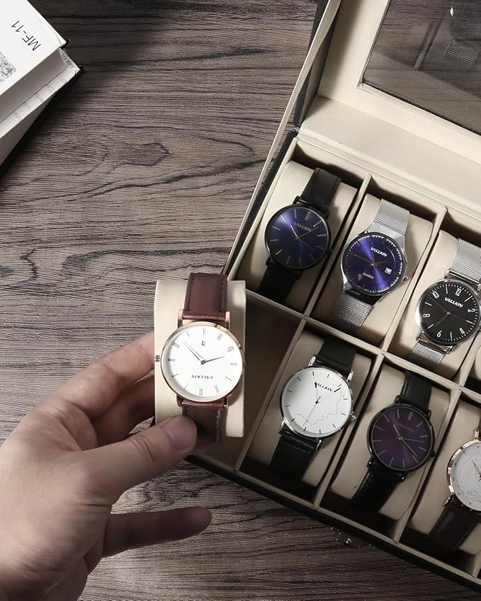 Uten Watch Organizer - 12 Slot PU Case with Glass Lid, Valentine's Day Gift, Watch Display Box with Removable Pillow, Metal Clasp