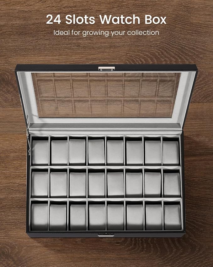 Uten Watch Box, 24 Slots Leather Watch Case, Watch Box Organizer Jewelry Storage with Large Glass Lid, Watch Display Case, Watch Box for Men & Women Gift