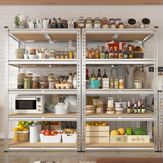 REIBII 2000LBS Storage Shelves 5 Tier Garage Shelving Heavy Duty Metal Shelving Adjustable Garage Shelves for Pantry Closet Kitchen Basement 28" W x 13.8" D x 59.8" H, Silver
