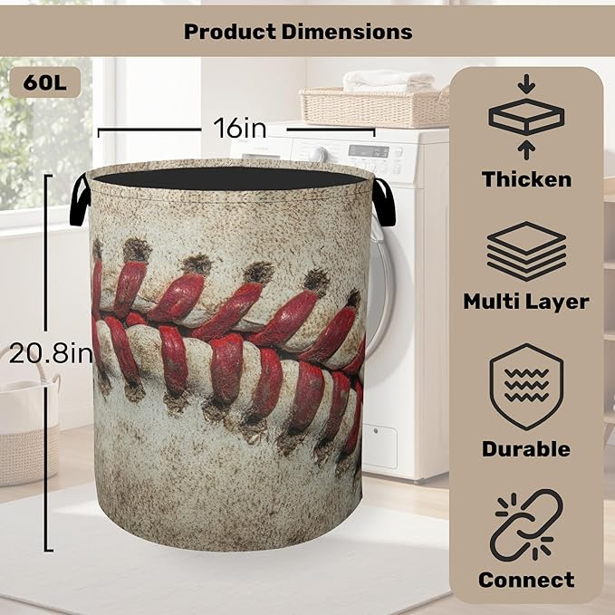 Retro Baseball Laundry Basket with Handles - Extra Large Foldable Hamper for Bathroom/Laundry/Bedroom/Dorm, Washable Fabric Storage Bin