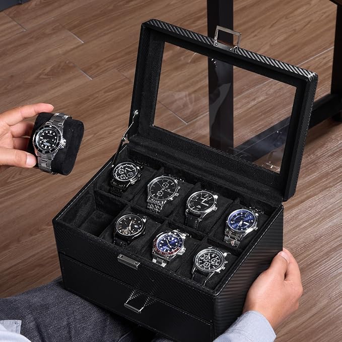 ProCase Watch Box for Men, Jewelry Organizer Box with Drawer, Display Storage Case with Glass Lid -AllBlack, 16 Slot