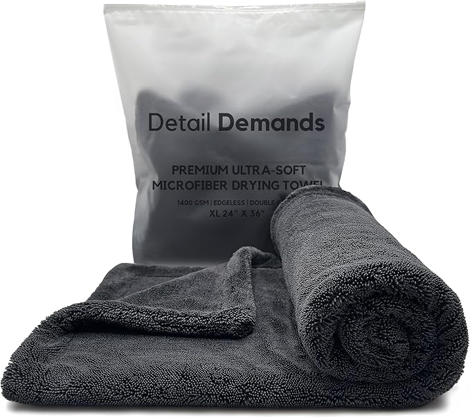 Detail Demands Extra Large Car Drying Towel - 1400 GSM Edgeless Twisted Loop Design - 70/30 Blend Microfiber Towels for Cars, Trucks, SUVs - Superior Absorption, Streak-Free - 24" x 36", Black