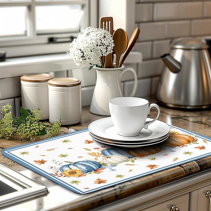 Fall Pumpkin Dish Drying Mat for Kitchen Counter 18×24 Inch Blue Dishes Pad Washable Thanksgiving Dish Rack Pad Drainer Mat Autumn Absorbent Reversible Microfiber Dish Drying Pad for Coffee Bar