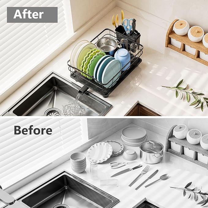 AIDERLY Iron Dish Drying Rack Auto Drain Dish Drainers Kitchen Counter Strainer with Draining Tray, All Black