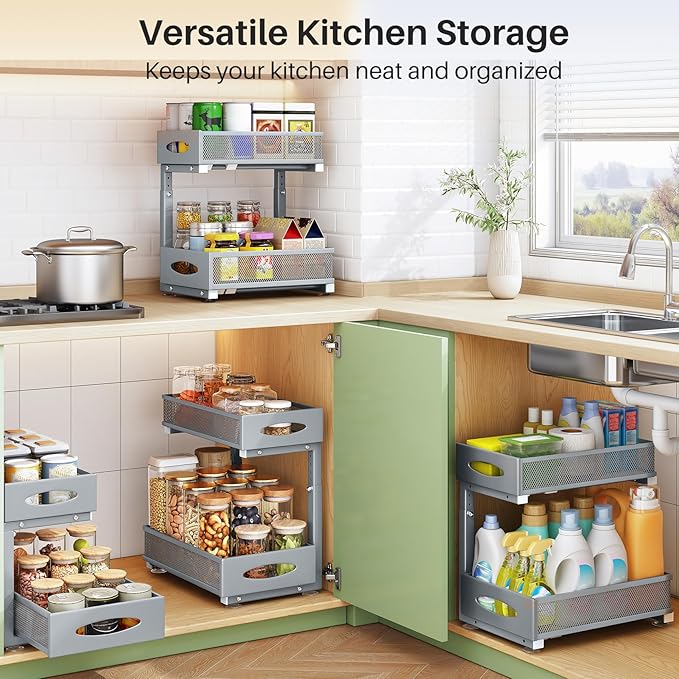 1 Pack Under Sink Organizer, 2 Tier Pull out Cabinet Organizer Mesh Baskets with 5 Adjustable Heights, Sliding Drawers Storage Shelf for Home, Kitchen, Bathroom, Pantry, Office, Countertop ,Grey