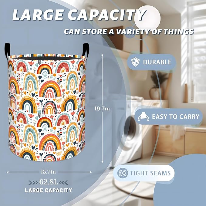 Colorful Rainbow with Floral and Heart Laundry Basket with Handles, 19.7"x15.7" Clothes Foldable Cartoon Laundry Hamper Organizer for Dorm Nursery Bedroom Bathroom Decor, Toy Storage Bin for Kids