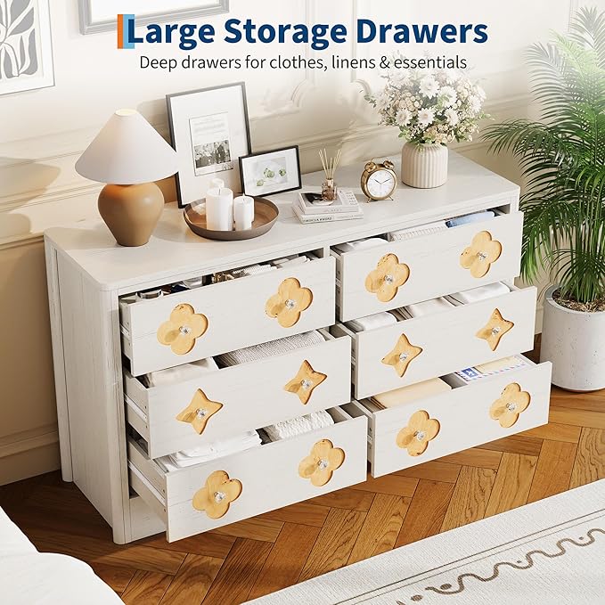 Garvee Dresser for Bedroom with 6 Drawers, 47.2'' Wide Chest of Large Decorative Drawer Front with Large Clothes Storage Cabinet, Wood Bedroom Dresser, TV Stand for Nursery, Living Room, White