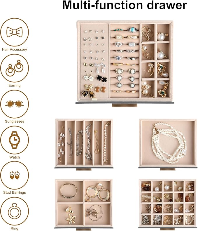 Frebeauty Clear Lid Jewelry Box,5-Layer Jewelry Organizer with Drawer,PU Leather Jewelry Organizers and Storage,Jewelry Boxes for Women,Jewelry Storage for Rings Earring Stud,Gift for Women(Grey)