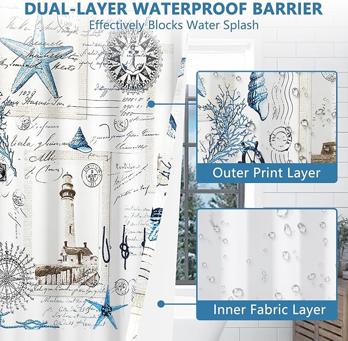 No Hook Vintage Nautical Shower Curtain with Waterproof Snap-in Liner, Ocean Themed Stamps Retro Shower Curtain with Mesh Top Window, Quick Dry Cloth Shower Curtains for Bathroom, 71"W x 74"L