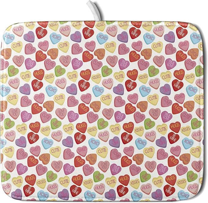 Valentine’s Day Dish Drying Mat for Kitchen Counter 18x16 Inch Colorful Love Drying Mat with Absorbent Reversible Microfiber Holiday Dish Drainer Mats Rack Pad for Coffee Countertop Protector