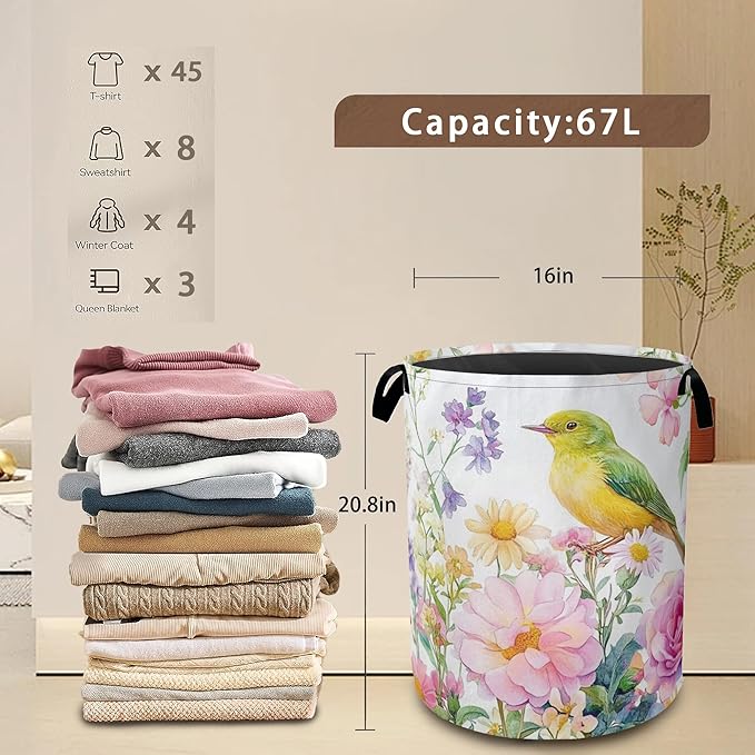 Laundry Basket,Watercolor Flowers Collapsible Laundry Baskets,Green Bird Waterproof Oxford Hamper with Handles for Bathroom Bedroom Nursery Home Storage 16"x20"