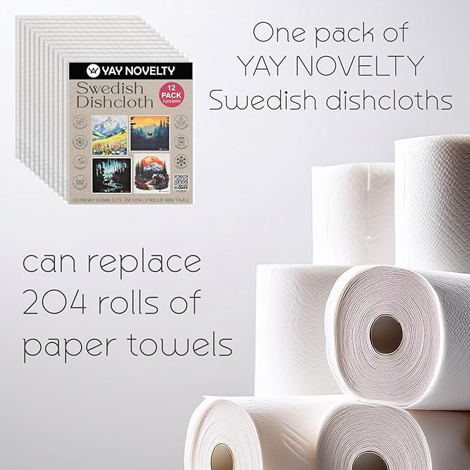 YAY NOVELTY Swedish Dishcloths - 12 Pack | Made in Germany | Ultra-Absorbent, Reusable Cellulose Sponge Cloths for Kitchen | No-Odor, Eco-Friendly Cleaning Wipes | Water-Based Ink | Leaves