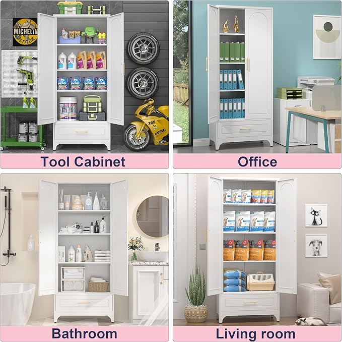 Pantry Kitchen Cabinet with Drawer, 75" Tall Pantry Storage Cabinet, Metal Storage Cabinets with Doors and Shelves, Large Freestanding Cupboard for Dining Room, Assembly Required, White