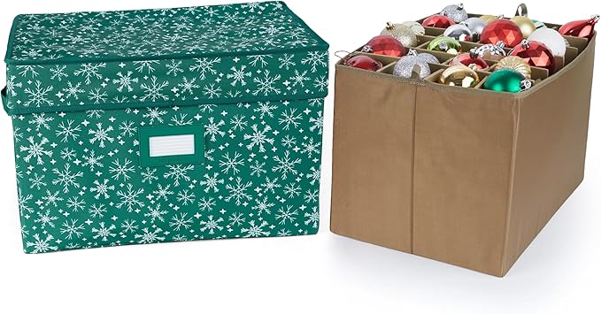 Covermates Keepsakes Adjustable Ornament Storage Box – Heavy-Duty Polyester, Padded Dividers & FlexGrid Trays – Protective Holiday Organizer with Stackable Walls & Label Window, Green Snowflake