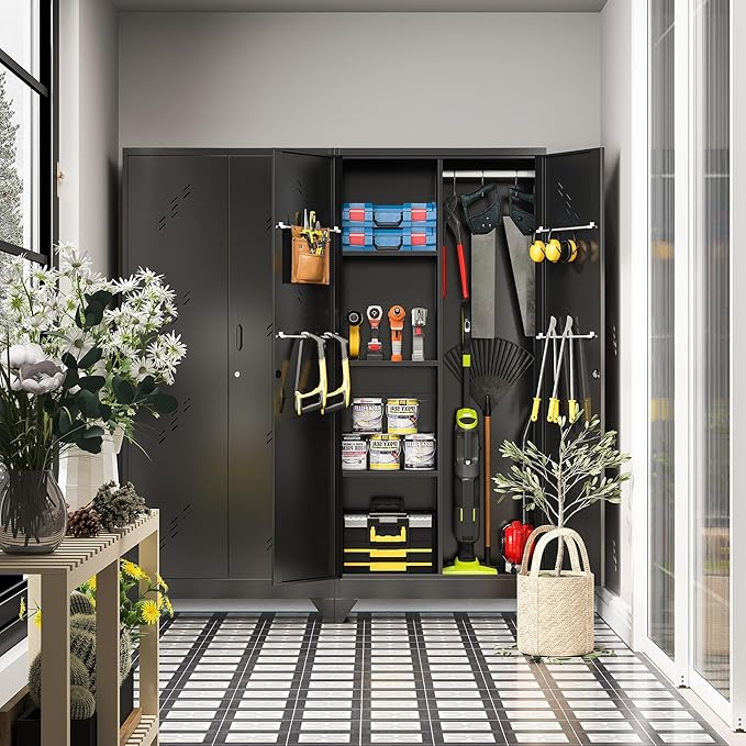 Metal Storage Cabinet 71" H, Garege Storage with Stainless Steel Bottom, Black Cleaning Supplies Organization Cabinet with Lockable Doors and Hanging Rod for Outdoor, Home Office