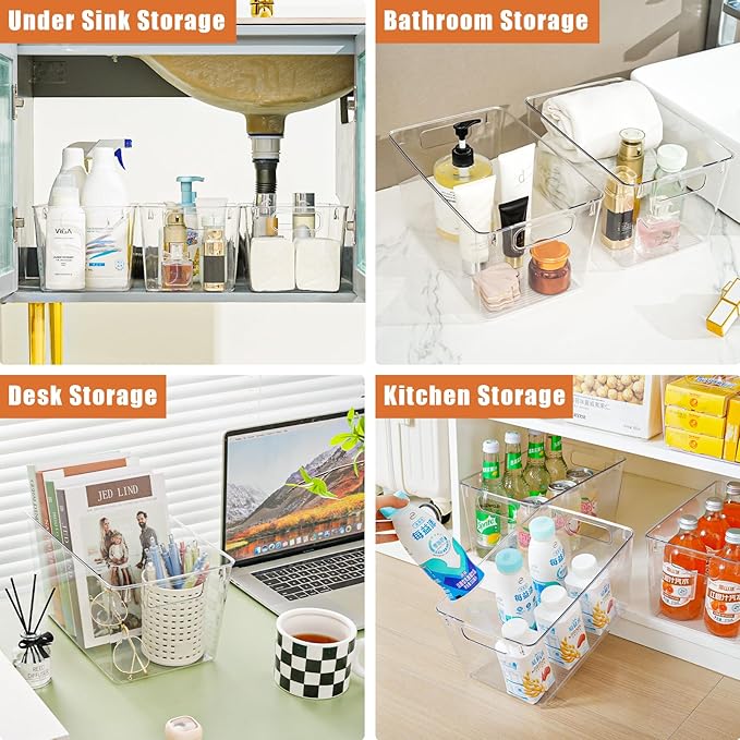 Freebat 12 Pack Large Clear Plastic Storage Bins,Plastic Containers with Handle for Pantry Organizer and Storage,Perfect for Kitchen,Fridge,Cabinet, Closet,Bathroom Under Sink Storage