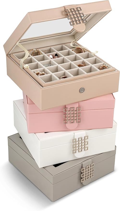Glenor Co Earring Organizer - Classic 50 Section Jewelry Box/Case/Holder for Earrings, Rings, Necklaces, Jewelry, Cufflinks or Collections -2 Layer Small Compartments with Large Glass Top - Sand