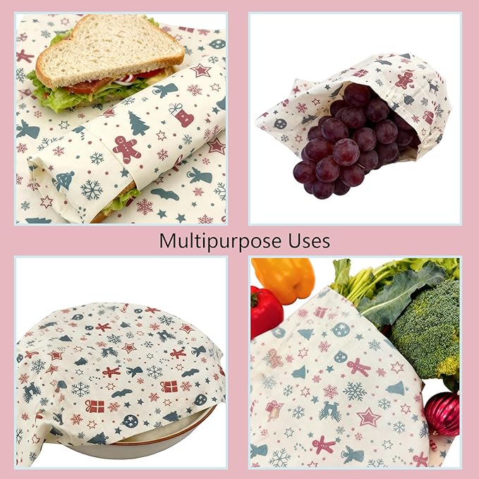 Organic Beeswax Wraps for Food-12 x 40" Reusable Beeswax Wraps Roll for Food Preservation & Storage Eco-Friendly Food Wraps Sustainable Food Storage Wraps for Cheese, Sandwich, Bread (Xmas)