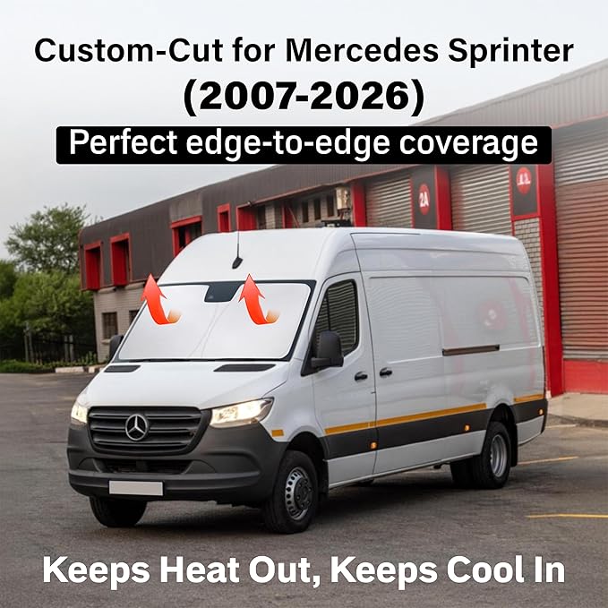 EcoNour Windshield Sun Shade Compatible for Mercedes Sprinter 2007–2026 | Van Front Window Sunshade | Heavy-Duty Foldable Sun Visor Protector | UV & Heat Blocking | Reduces Interior Heat