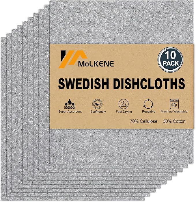 MoLKENE Swedish Dishcloths for Kitchen | 10 Pack Absorbent Cellulose Sponge Cloths Washable | Non-Scratch Reusable Paper Towels Quick Drying Cleaning Rag - Grey