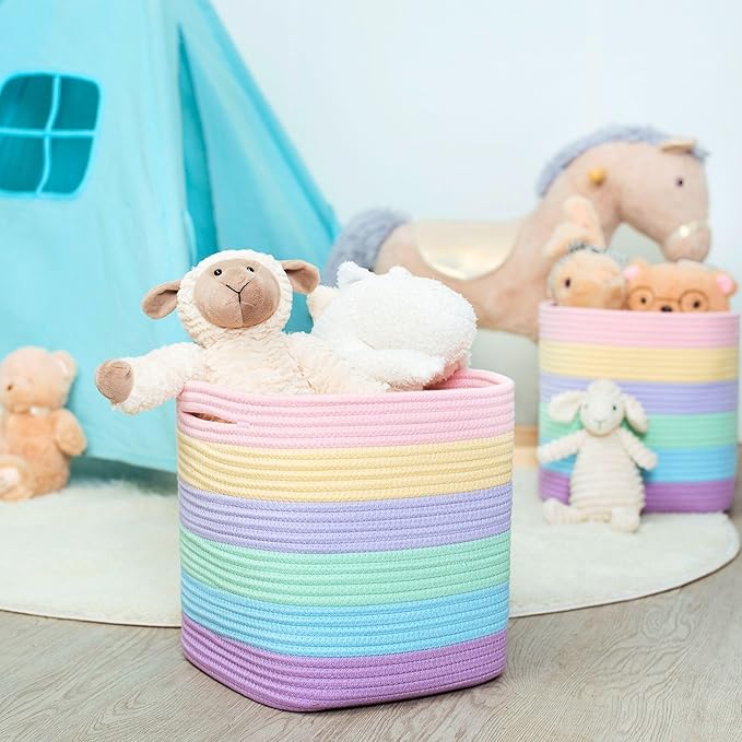MINTWOOD Design 3-Pack 11x11in Woven Cube Storage Bin and Shelf Baskets, Cute Decorative Square Organizer for Closet, Classroom, Bathroom, Dog and Cat Toys, and Books, Pastel Rainbow