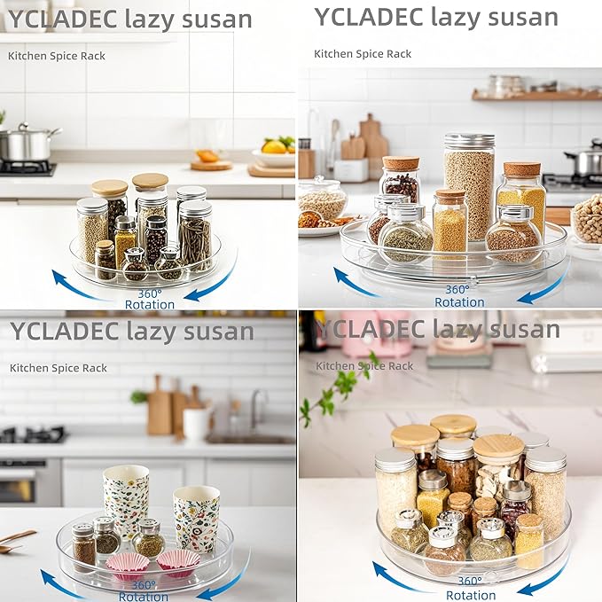 YCLADEC 2 Pack Lazy Susan 9.25" Inch Turntable Organizer Pantry Organization and Storage Container Bins Spice Rack Cabinet Rotating Condiment for Pantry Kitchen Vanity Bathroom Jewelry Holder Clear