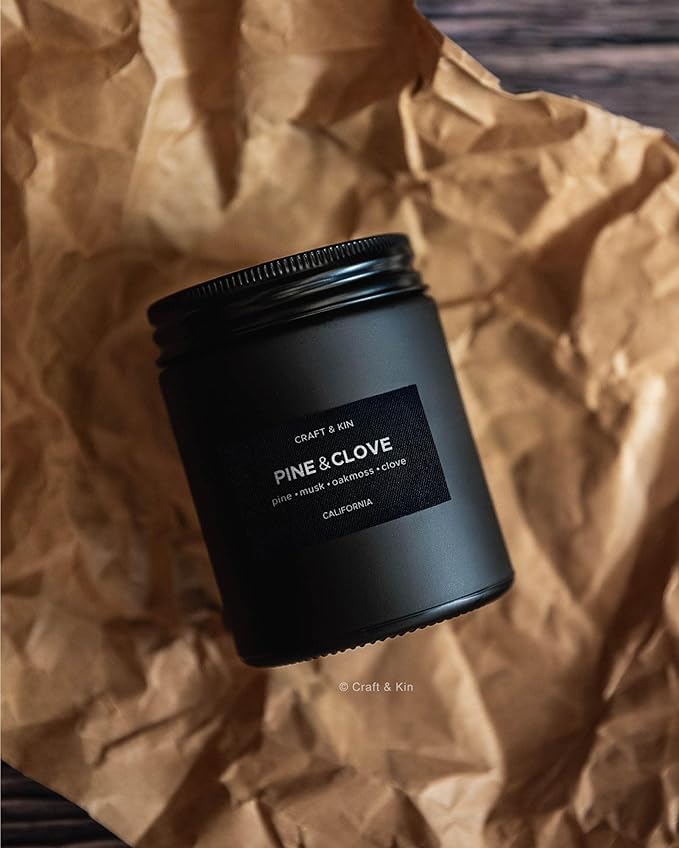 Craft & Kin Premium Pine & Clove Candle | Black Scented Candles for Home | Long Lasting with 45 Hour Burn Time, 7.6oz | Soy Candles | Aromatherapy at Home