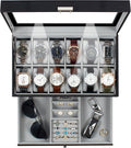 GUKA Watch Box 12 Slot Watch Display Organizer Leather Jewelry Case Drawer Glass Birthday for Men Women, Child Husband Dad GK-012BKGREY-LED-24
