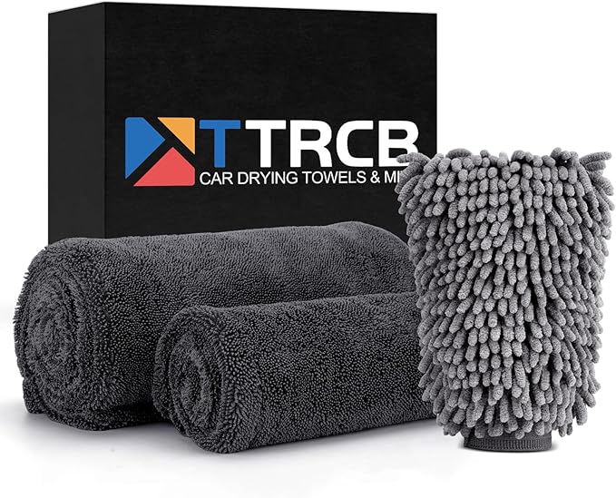 TTRCB 2 Pack 1300 GSM Car Drying Towel, Microfiber Towels for Cars - 36" x 24" & 16" x 16", Ultra-Absorbent, Streak Free, Car Wash Mitt, Car Detailing Cleaning Accessories Supplies Essentials