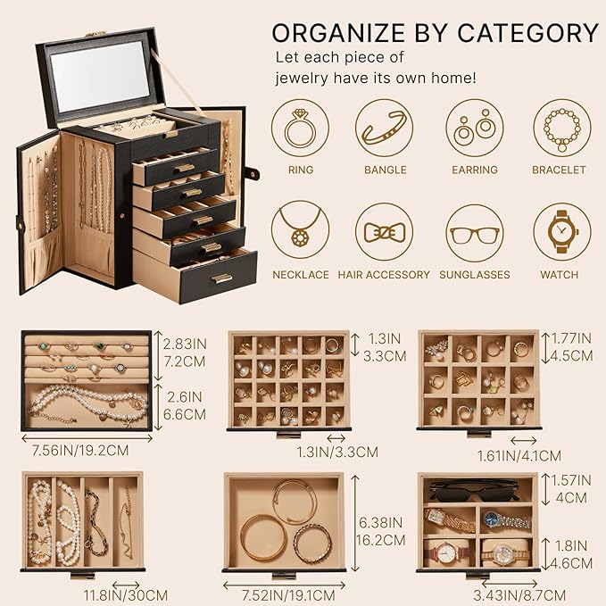 Large Leather Jewelry Box Organizer 6 layer Jewelry Storage Case for Women Girls Ring Necklace Earring Bracelet Holder with Mirror Valentine's Day Gift(Black)