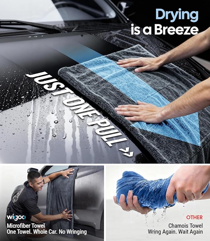 Wigoo Microfiber Car Drying Towels 36" x 24" [1300GSM Ultra-Absorbent, No Streaks & Scratches] Dual-Sided Edgeless Cleaning Towel with Twisted Loop, for Auto Detailing, Car, SUV, Truck (3-Size Set)