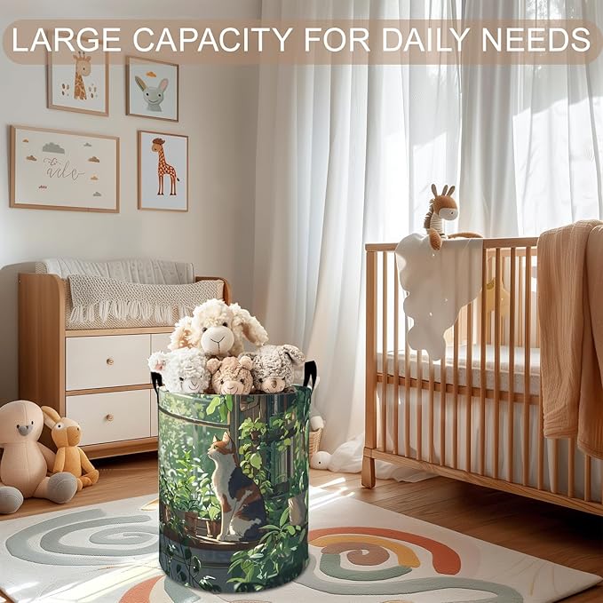 Cat and Plants Laundry Basket Hamper 19.7"x15.8", Garden Foldable Waterproof Oxford Clothes Storage Bucket for Room Bathroom Bedroom Nursery Decor, Toy Organizer Bins Gifts for Kids Boys Girls