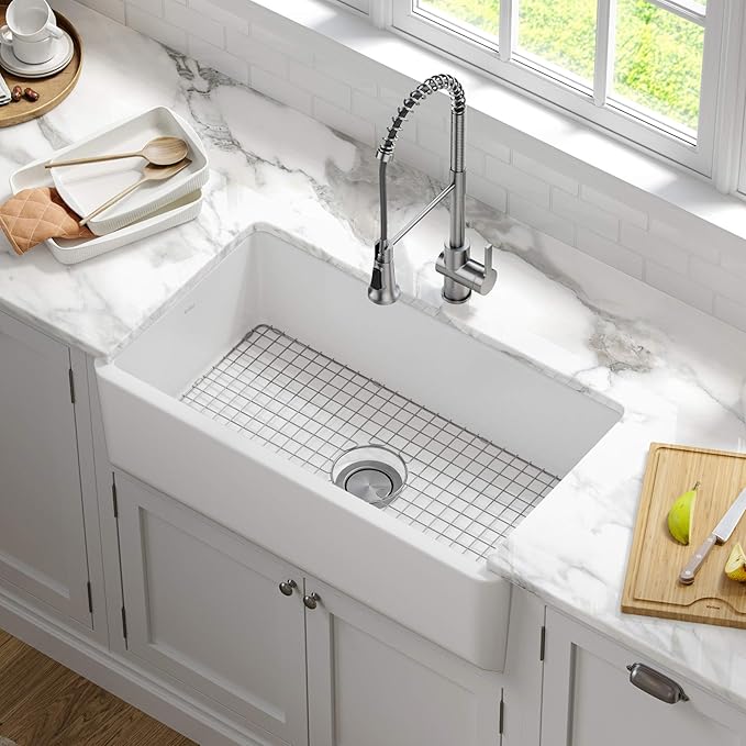 KRAUS Turino 33-inch Farmhouse Reversible Apron Front Fireclay Single Bowl Kitchen Sink in Matte White, KFR1-33MWH