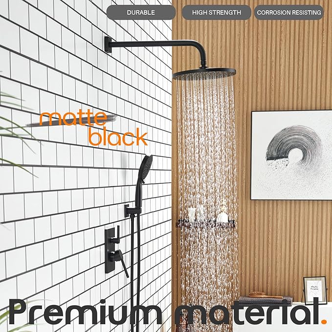 Bathroom Rainfall Shower System Set with 10'' Rain Shower Head, 3-Setting Handheld Spray, Valve Included Wall Mounted Matte Black SF001MB-D10