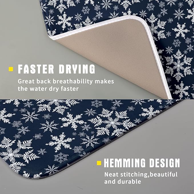 Christmas Dish Drying Mat for Kitchen Counter 18x16 Inch Xmas Snowflake Drying Mat with Absorbent Reversible Microfiber Blue Dish Drainer Mats Rack Pad for Coffee Countertop Protector