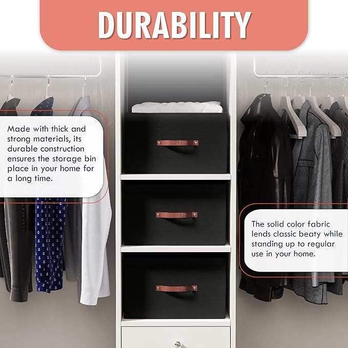 Ornavo Home 6 Pack Collapsible Storage Bins with Lid, Foldable Linen Fabric Shelf Storage Basket Closet Organizer and Large Storage Box for Clothes with Leather Handles, 16.5 x 11.8 x 7.5, Black