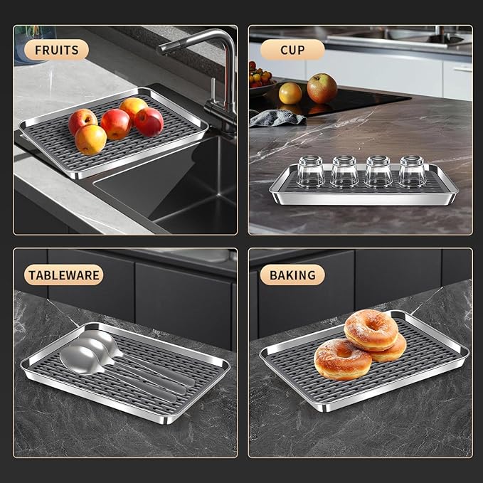 Reginsnow Stainless Steel Drain Tray, Cup & Dish Drying Rack, Drain Board 2 Tier Non Slip Serving Tray with Drainboard Perfect for Sink, Coffee Table, Outdoor (12.5 x 9.8 x 0.98 in)