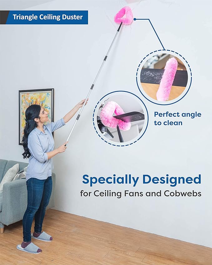 Rocktex Feather Duster Kit with 5.6ft Extension Pole, 4 Dusting Brush for Cleaning Home Wall Ceiling Fan Cobweb, Microfiber Static Washable Dusters, Pink Violet
