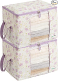 Canvas Storage Bags 2 Pack Designer Organizer bags for Clothes, sweaters, clothing, garments, quilt, linens, large folding organizers with zip & window, moth proof space saver Purple floral Print